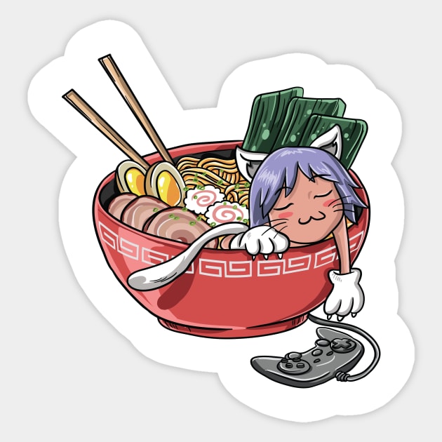 Cute Kawaii Chibi Anime Cat Gamer Ramen Noodles Gift Sticker by Freid